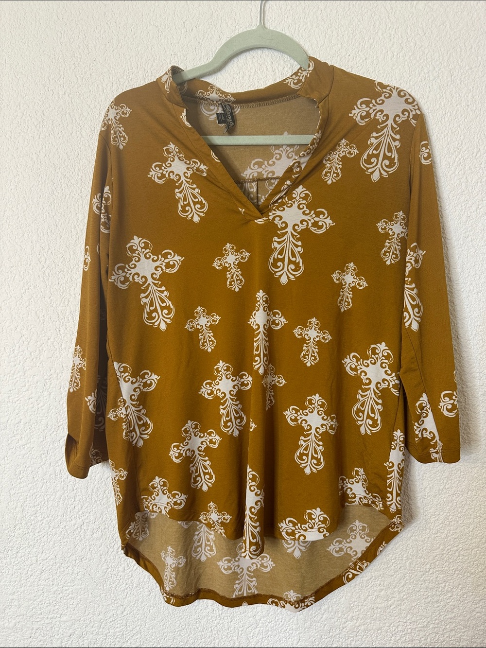 Relaxed V-Neck Long Sleeve Tunic Top in Mustard with White Print